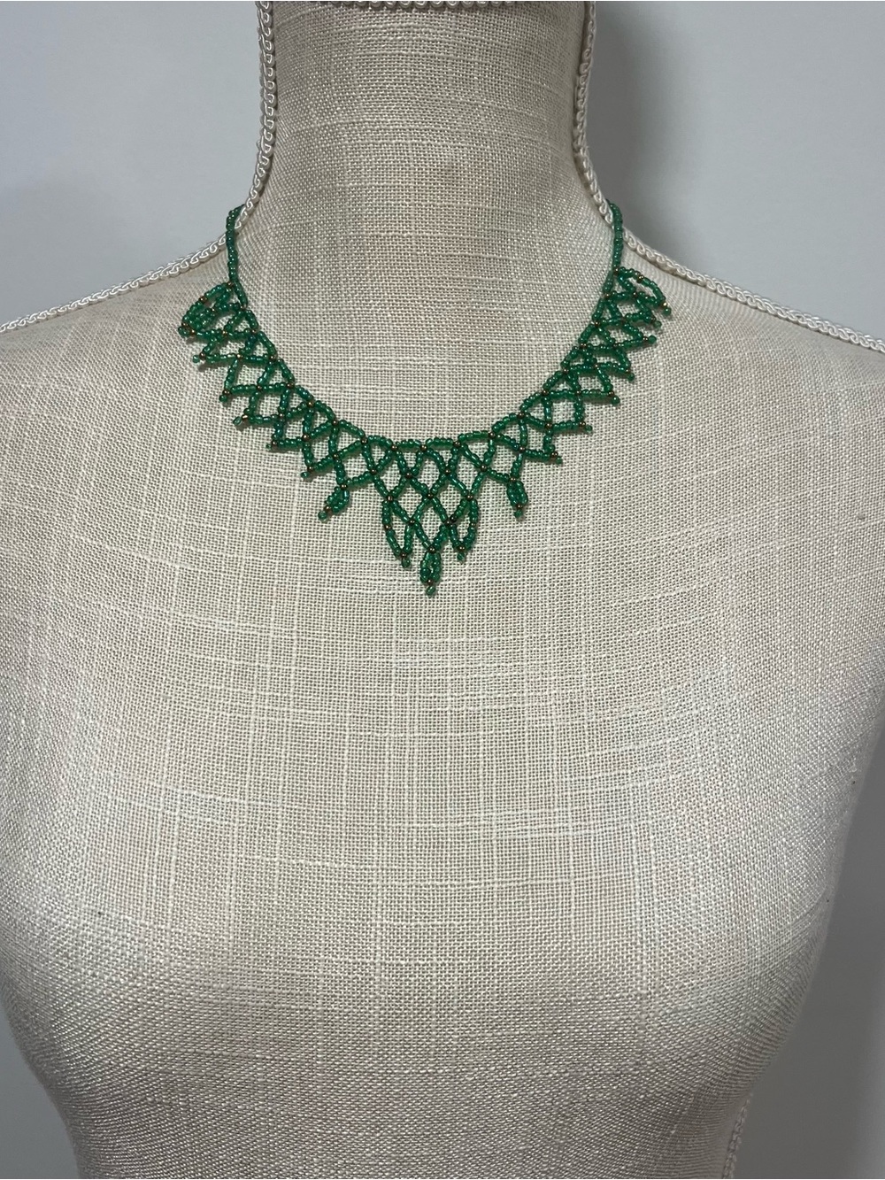 Handcrafted Green Beaded Lace-Style Necklace from Egypt